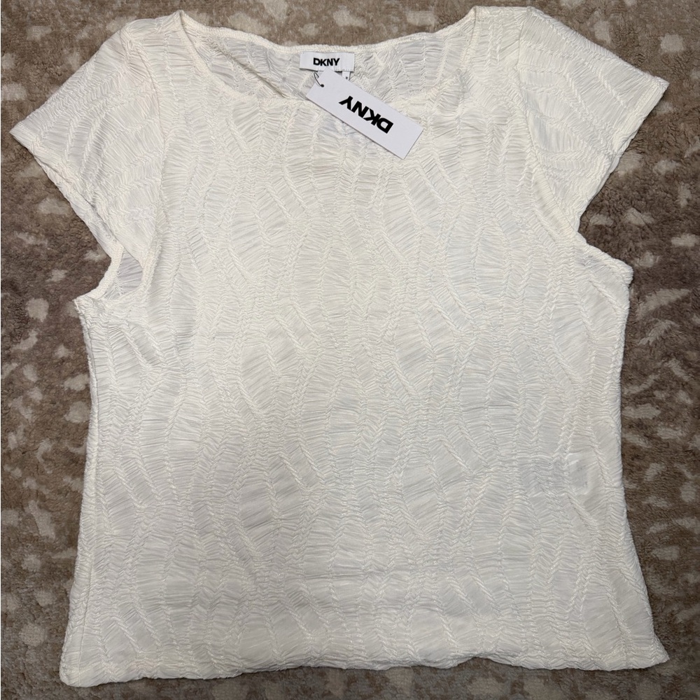 DKNY White Textured Cap-Sleeve Tee